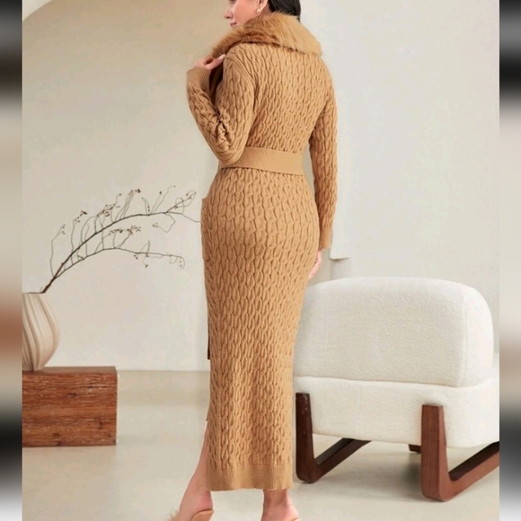 Solid Bodycon Sweater Dress & Fuzzy Trim Duster Cardigan 2 Piece Set - Picture 2 of 5